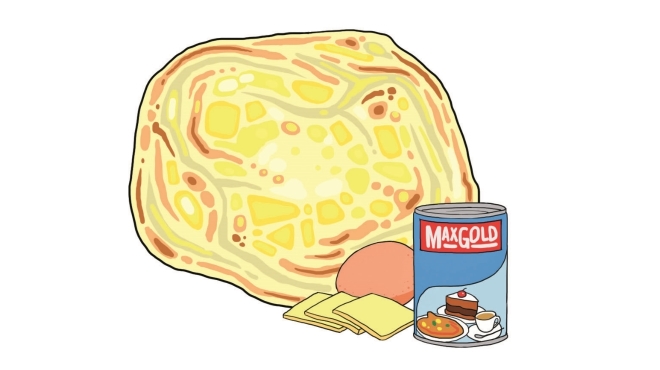 Roti Jepun, czyli japoński placek, z Japonią nie mający nic wspólnego. Są tu jajka, ser, margaryna i słodkie mleko skondensowane - łącznie daje to kombinację słodkich i słonych smaków, które nie każdy jest w stanie zaakceptować. Do tego curry, oczywiście. Cena: 3-5RM